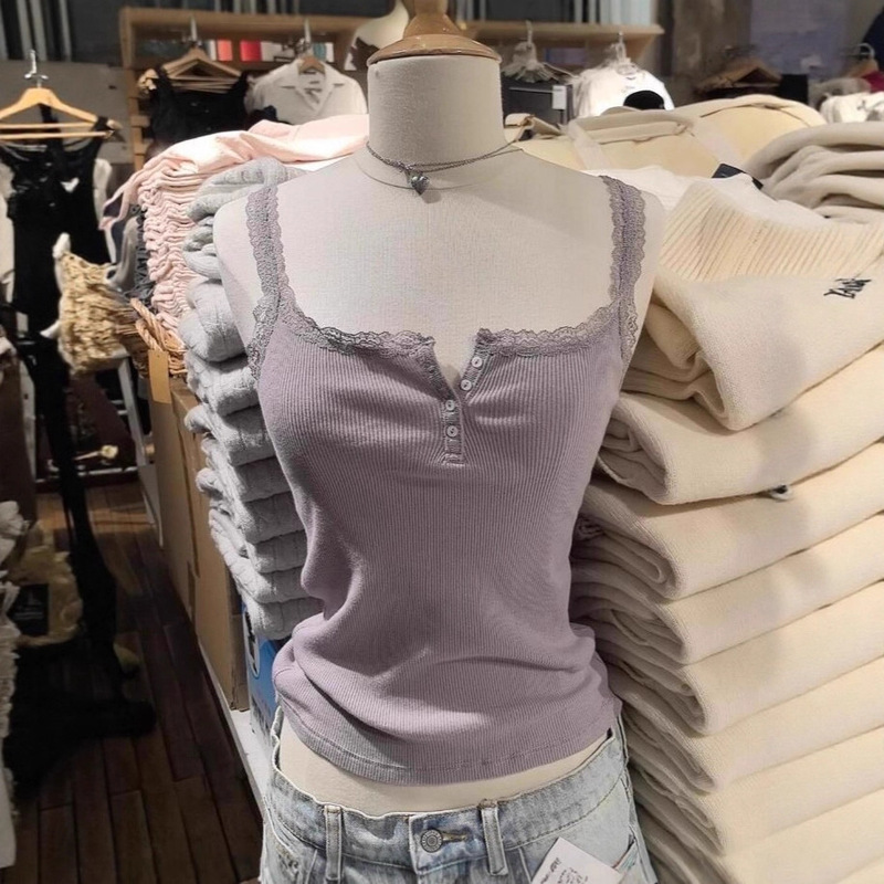 Bm Camisole New American Retro Lace Button Slim Versatile Pure Desire Inner and Outerwear Top for Women