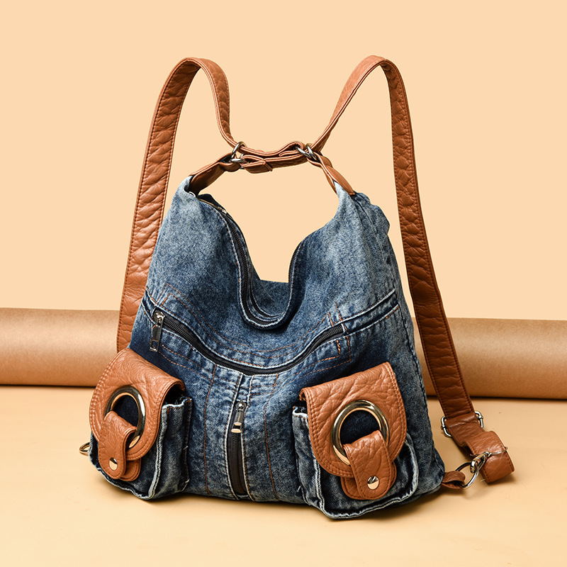 Cross-Border Women's Denim Backpack Original Niche Casual Motorcycle Commuter Bag Crossbody Canvas Bag Design - Thumbnail 4