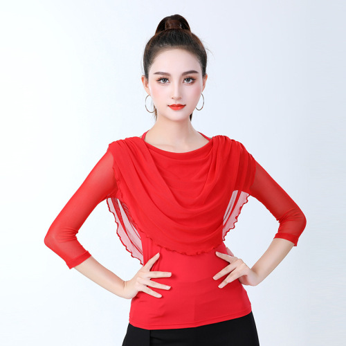Modern dance practice clothes for women Latin three-quarter sleeve mesh tops new Latin dance dance shirts square dance clothes