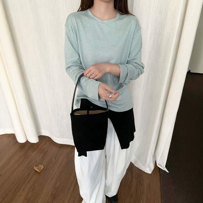 Tencel acetate linen long-sleeved knit top for women, new early autumn style, loose-fitting base layer, solid color, round neck, versatile top Tencel acetate linen long-sleeved knit top for women, new early autumn style, loose-fitting base layer, solid color, round neck, versatile top
