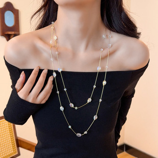 Women's Korean-Style Double-Layered Long Crystal Necklace, High-End Sweater Chain, Waist Chain, Clothing Pendant, Elegant Accessories
