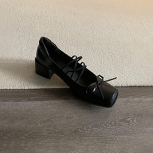 羊皮版~法式感芭蕾风玛丽珍鞋女蝴蝶结浅口粗跟时尚单鞋