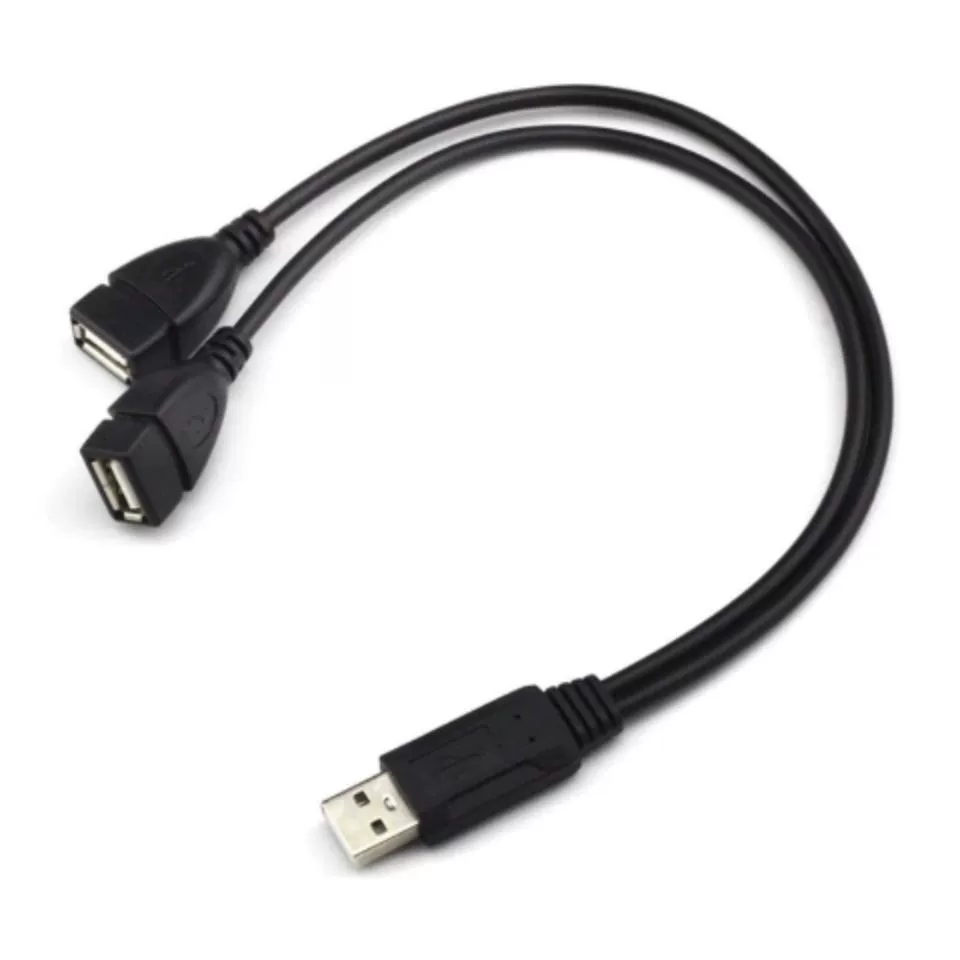 Кабель: от одного источника к двум USB-штекерам, три штекера и два гнезда, один на двоих для передачи данных и включения, удлинительный кабель с двумя USB-гнездами для зарядки