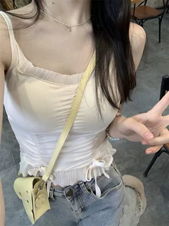 卡逸黛 芭蕾风木耳边背心带胸垫纯欲性感辣妹内搭春夏外穿上衣