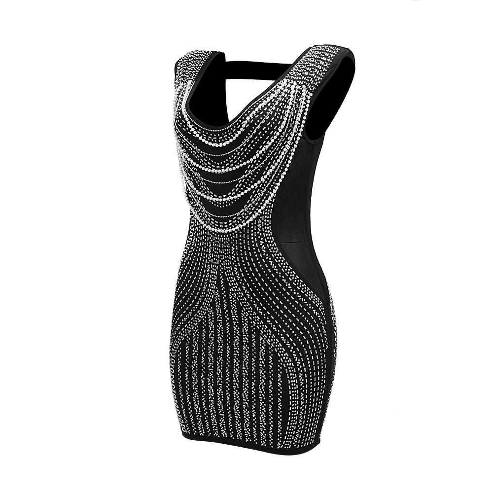 Deep V Plunge neck Sleeveless Sheath Rhinestone Dress Women Sexy Evening Dress Hollow Out Cutout