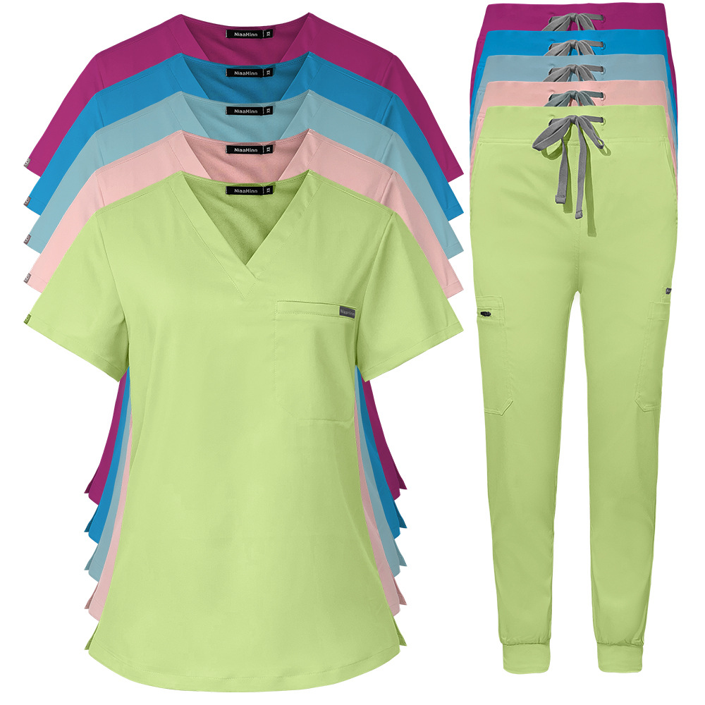 Uniforme médico elástico de Amazon al por mayor, uniforme de enfermera de hospital con cuello en V y manga corta, conjunto de uniforme médico estilo coreano para mujer y hombre en stock