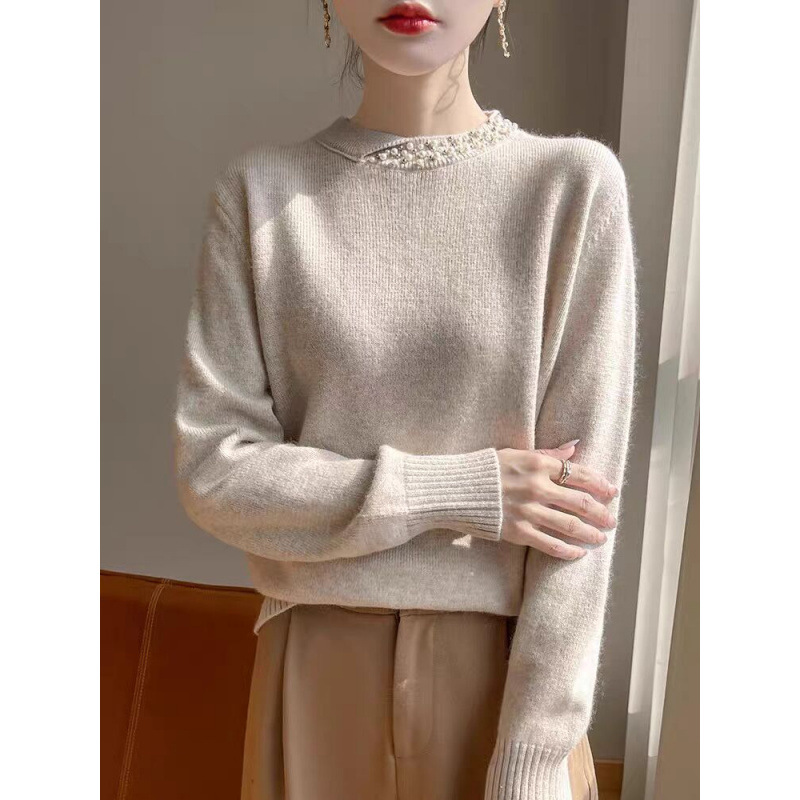 Suelta, camisa de base de cuentas de clavos de sequillas para mujeres 2025, nuevo estilo de otoño y invierno, suéter de punto de mujer grande