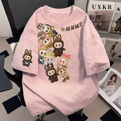纯棉美式日常慵懒风短袖设计感拉布布印花t恤潮流男女上衣