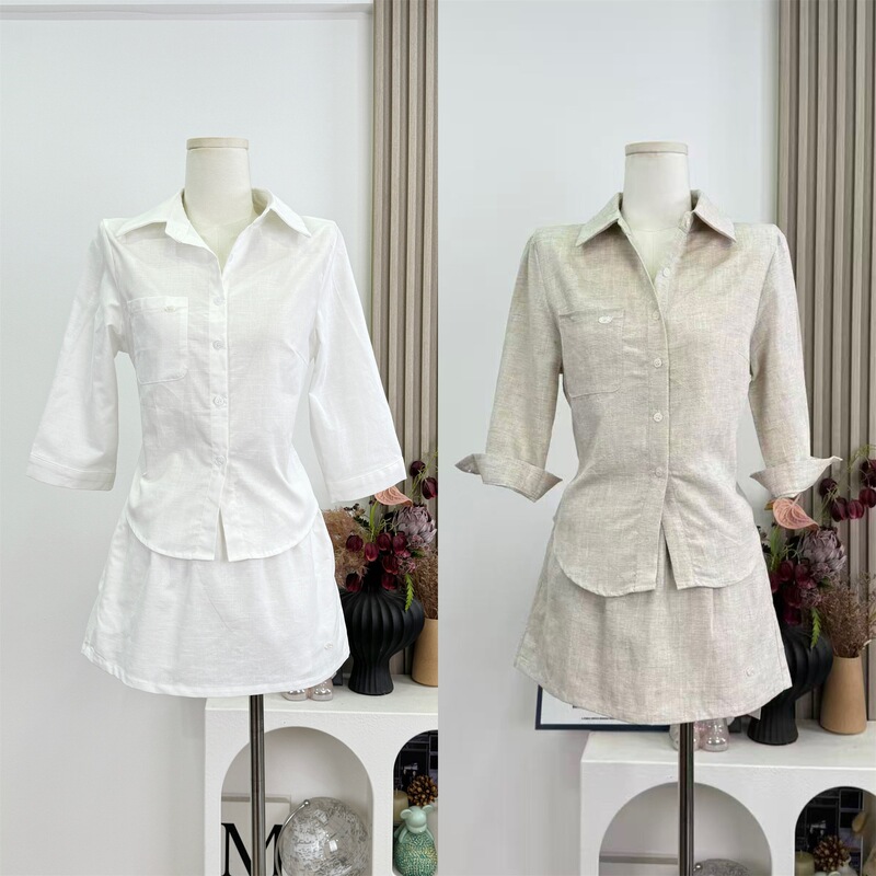 Linen Old Money Style Textured Mid-Sleeve Shirt and Skirt Set with a Relaxed and Slimming Look