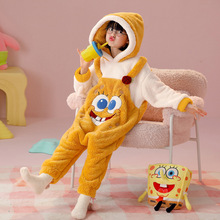 儿童连体睡衣女童秋季冬款加厚女孩海绵宝宝大童宝宝冬季加绒睡袋