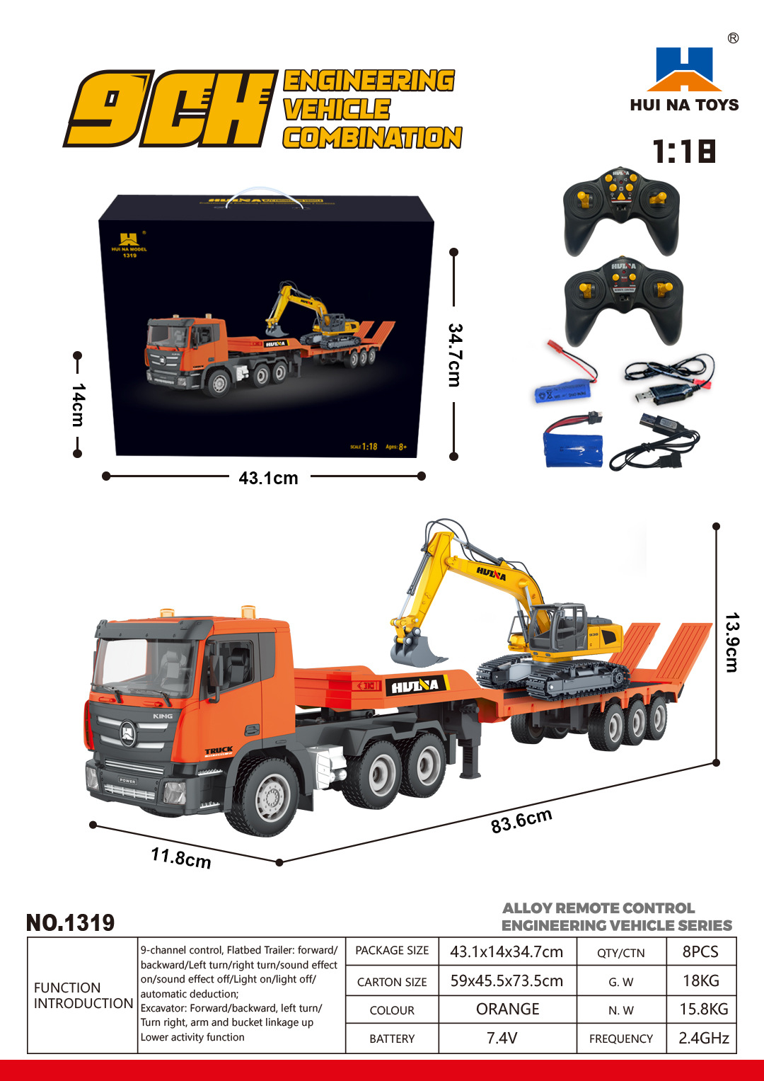 Selección estricta transfronteriza 1: 18 aleación de simulación eléctrica carro plano camión de bomberos camión de ingeniería camión juguetes de control remoto