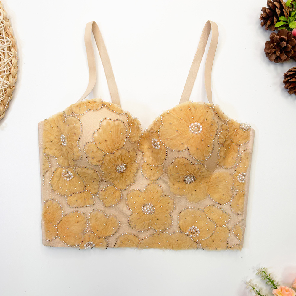 Fishbone corset women's outer wear tight lace embroidered beads short camisole inner removable shoulder strap wrapped chest with chest pad