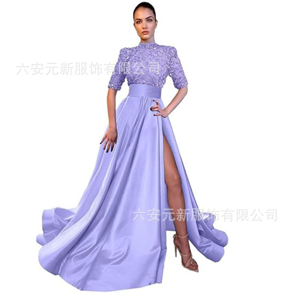Europeo y americano Amazon AliExpress vestido de fiesta media manga lentejuelas satén vestido de noche A-line vestido de fiesta de hendidura image 23