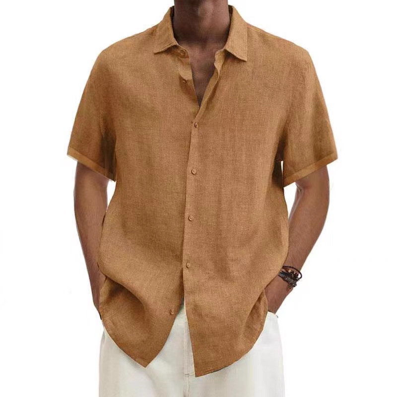 2025 independent station wish Amazon explosions summer v collar button cotton linen solid color men's trendy shirt shirt men