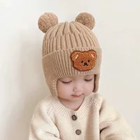Осенняя и зимняя детская вязаная шапка новый милый медведь мужской и женский ребенок зимний плюшевый шапка защита уха детская шапка
