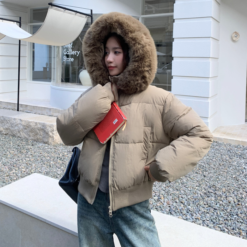 2025冬季新款宽松显瘦毛领连帽短款羽绒棉服女收腰加厚棉衣外套|undefined