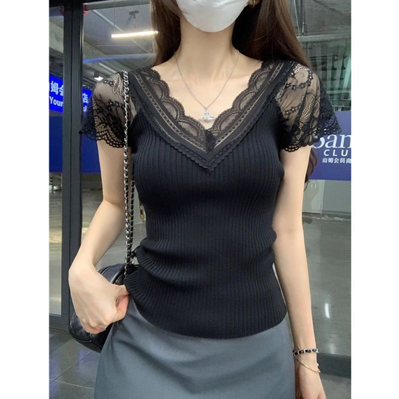 2025年新款夏季蕾丝花边v领针织短袖T恤女薄款修身内搭打底上衣|undefined