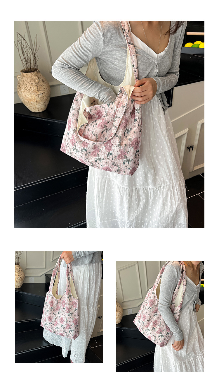 Summer new black and white floral fabric bag, large-capacity, artistic and laid-back style single-shoulder bag, fashionable and versatile crossbody bag Specification drawing