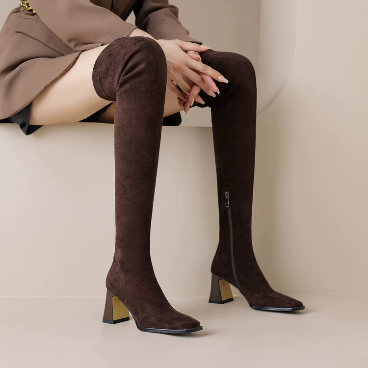 Сапоги для колен женские осенние и зимние замшевые тощие сапоги квадратные сапоги высокие сапоги на толстом каблуке сапоги на высоком каблуке сапоги