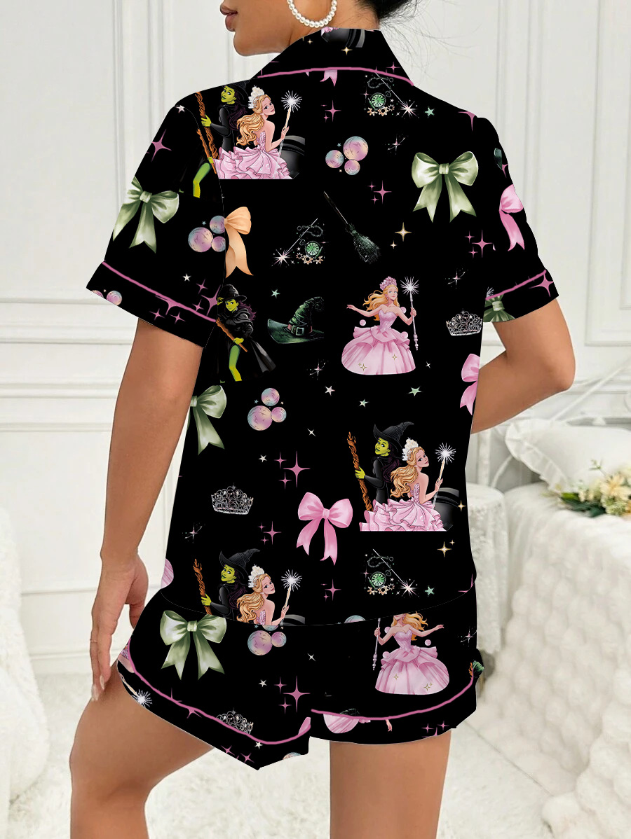 Ensemble pyjama femme imprimé princesse et sorcière – Vêtement d'intérieur doux en soie de lait à manches courtes et col (Noir, S-XL) | Vêtements de nuit et d'intérieur_voghion.com