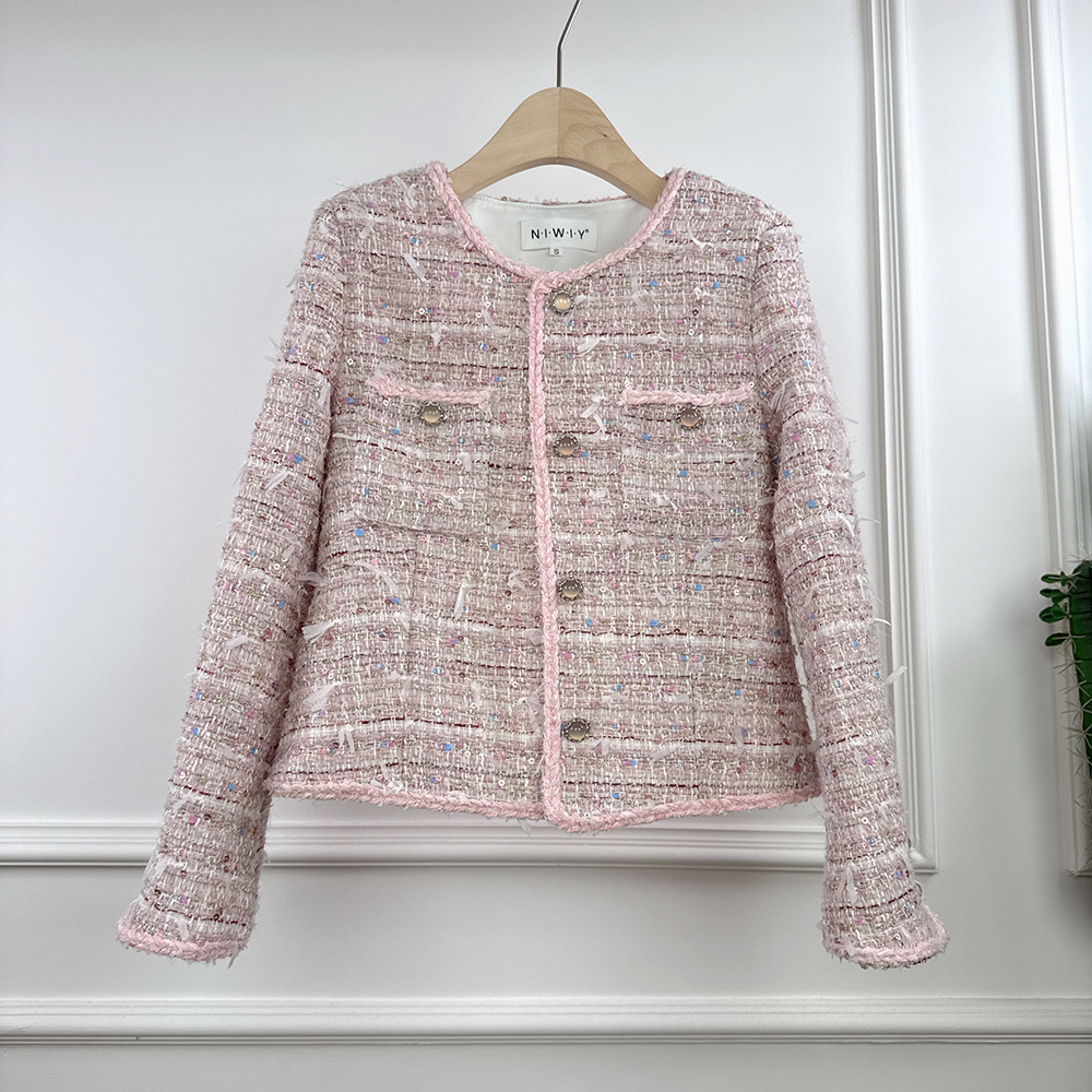 Women's Spring and Autumn Chanel Tweed Coat Commuter Casual Short Slim-Fit Slimming Round Neck Long-Sleeved Tassel Top