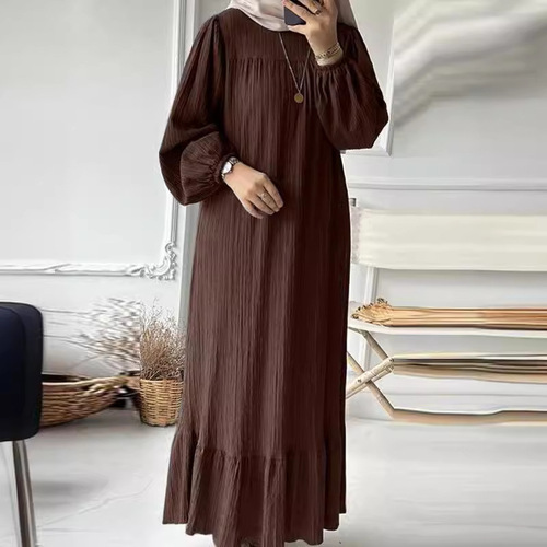 2024 Muslim Women's Long Robe Spring and Autumn New Fashion Bubble Sleeve Retro Pocket Lotus Edge Dress