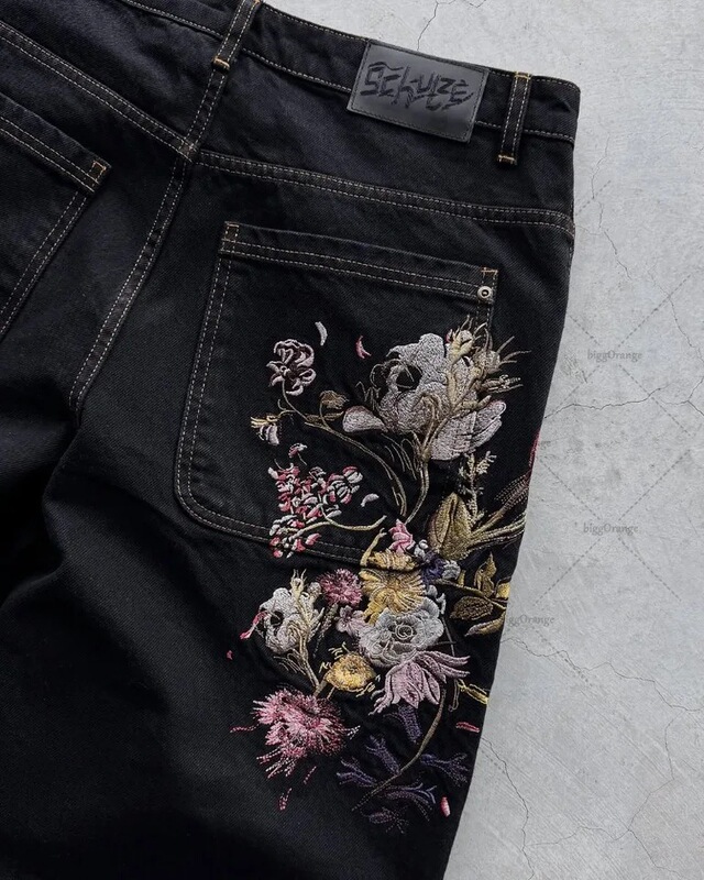 Cross-Border Streetwear 2025 American Retro Harajuku Floral Embroidery Loose Jeans Men's High Street Fashion Street Clothing