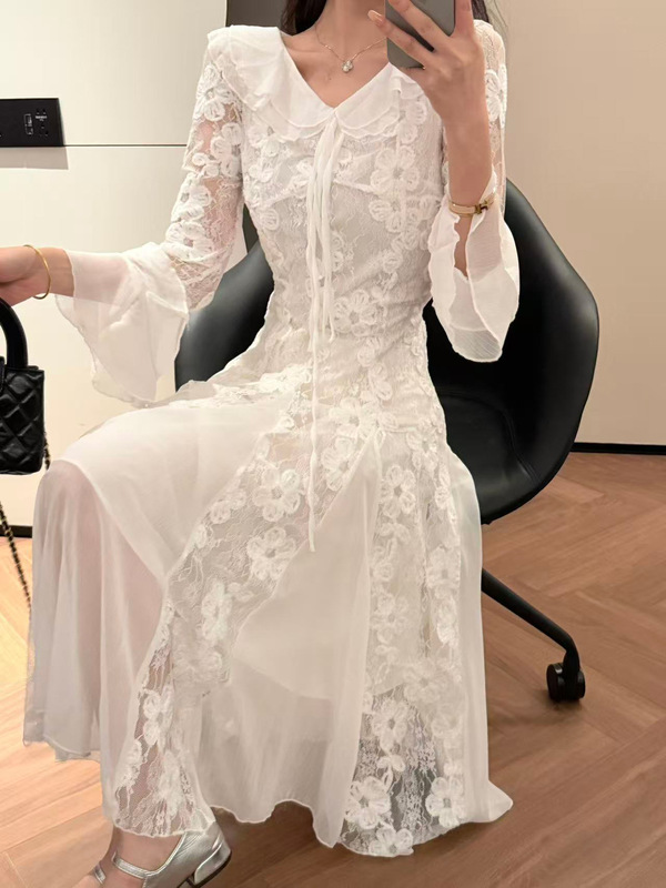 实拍 初秋气质小白裙蕾丝连衣裙打底裙收腰显瘦初恋仙女鱼尾长裙|undefined