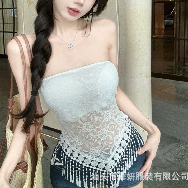 2314 # Pure Desire Spliced ​​Lace Irregular Hem Tassel Tube Top Women's New Slim Hot Girl Vest Top
