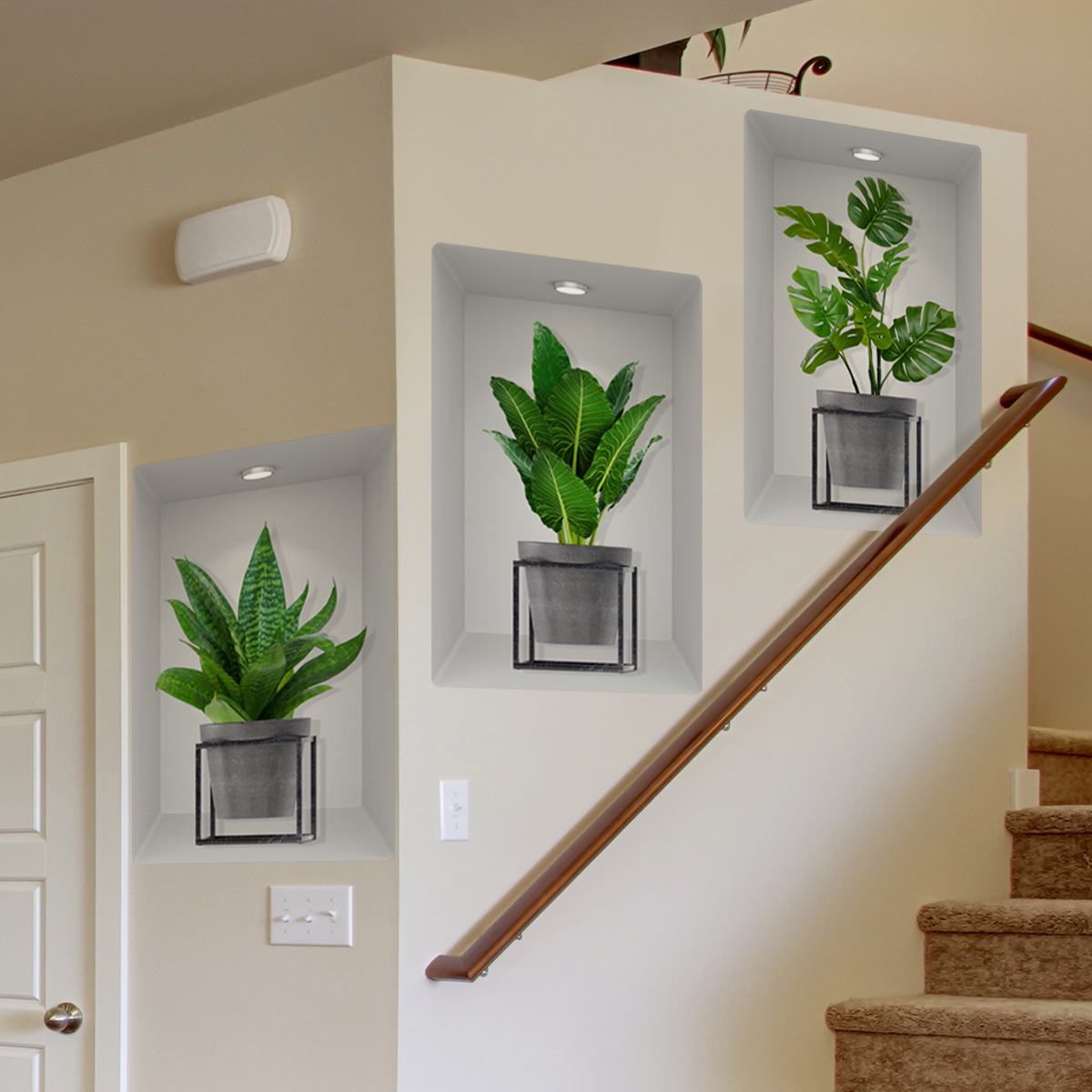 ATW2018 Adesivo de Parede Tríptico 3D com Moldura de Vaso de Plantas para Sala de Estar, Quarto, Entrada, Escada e Casa_voghion.com