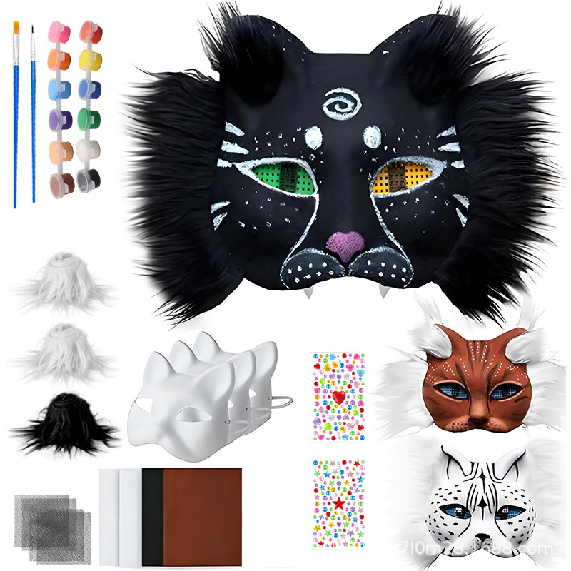Amazon venta caliente DIY pintado a mano graffiti zorro gato cara máscara con pelusa media cara máscara de animal de embrión blanco