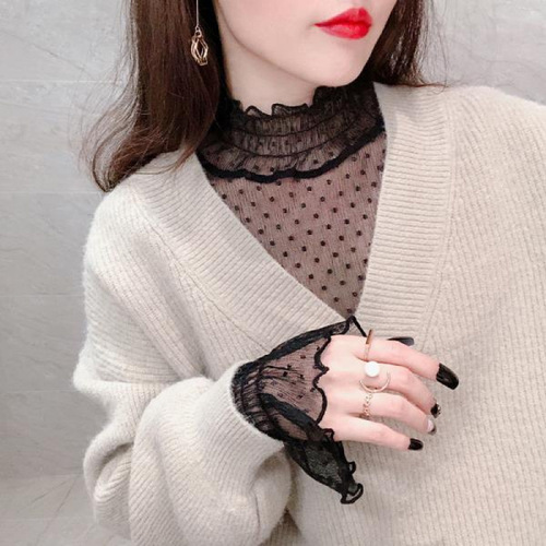 Lace Camisole Top for Women - Autumn/Winter New Style, Stylish Innerwear, Fairy Bellsleeve, Semi-High Collar, Polka Dot Net Dress Shirt