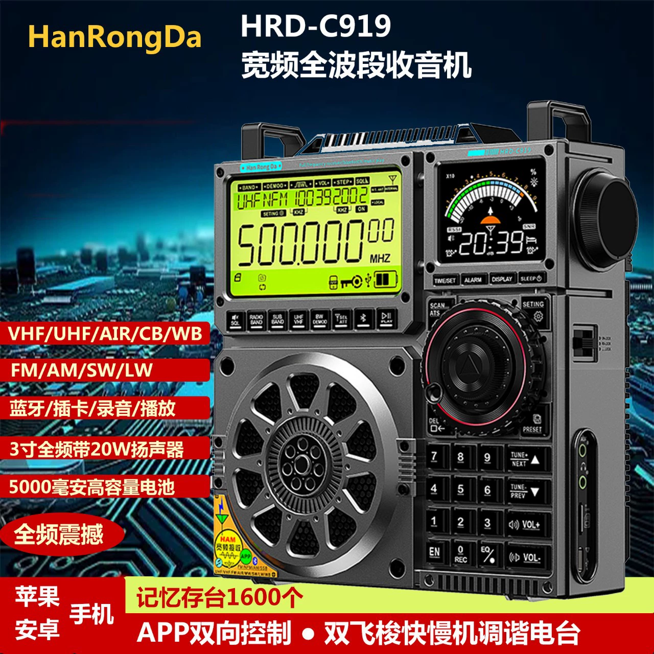 Hanrongda C919 широкополосное радиоустройство с Bluetooth, воспроизведение/запись с TF-карты, управление через приложение, интеллектуальное радарное управление