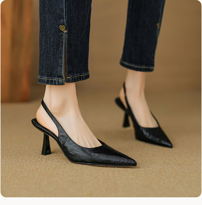 Sandal cao gót nữ mũi nhọn hở gót, da cừu, phong cách Hàn Quốc đơn giản — đen chi tiết 8