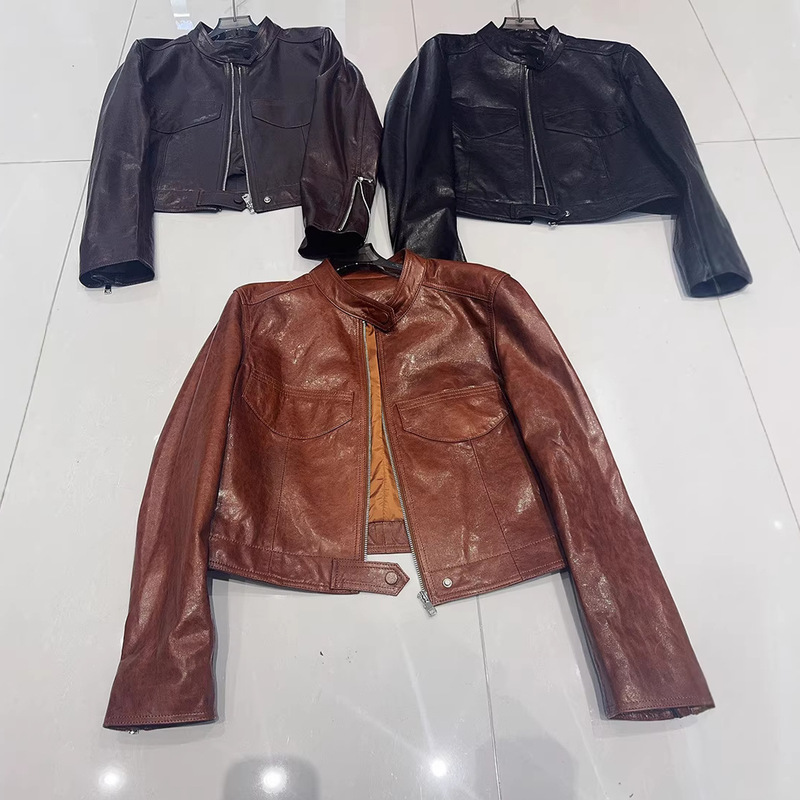 Genuine Leather Oil-Waxed Sheepskin Leather Jacket for Women 2026 Spring New Vintage Cool Biker Leather Jacket Short Stand-Up Collar Coat