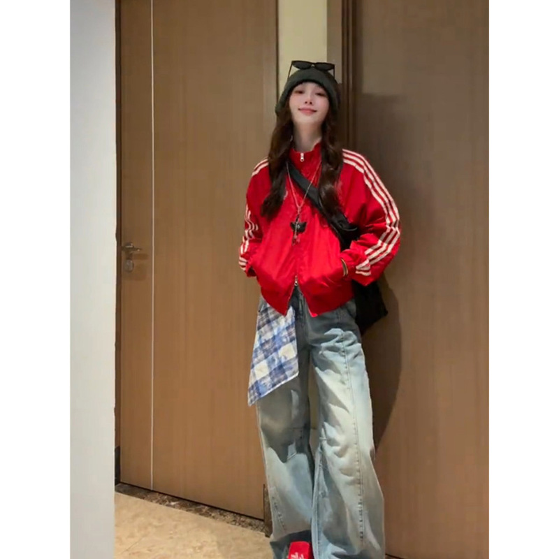 美式复古红色工装外套女春秋季高级感休闲宽松夹克上衣设计感小众|undefined