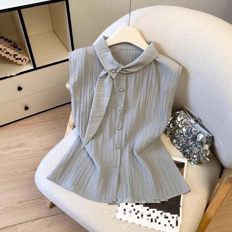 French-Style Striped Sleeveless Shirt for Women, Outerwear with a Unique and Chic Design, Stunning Top in Gray and Navy Blue