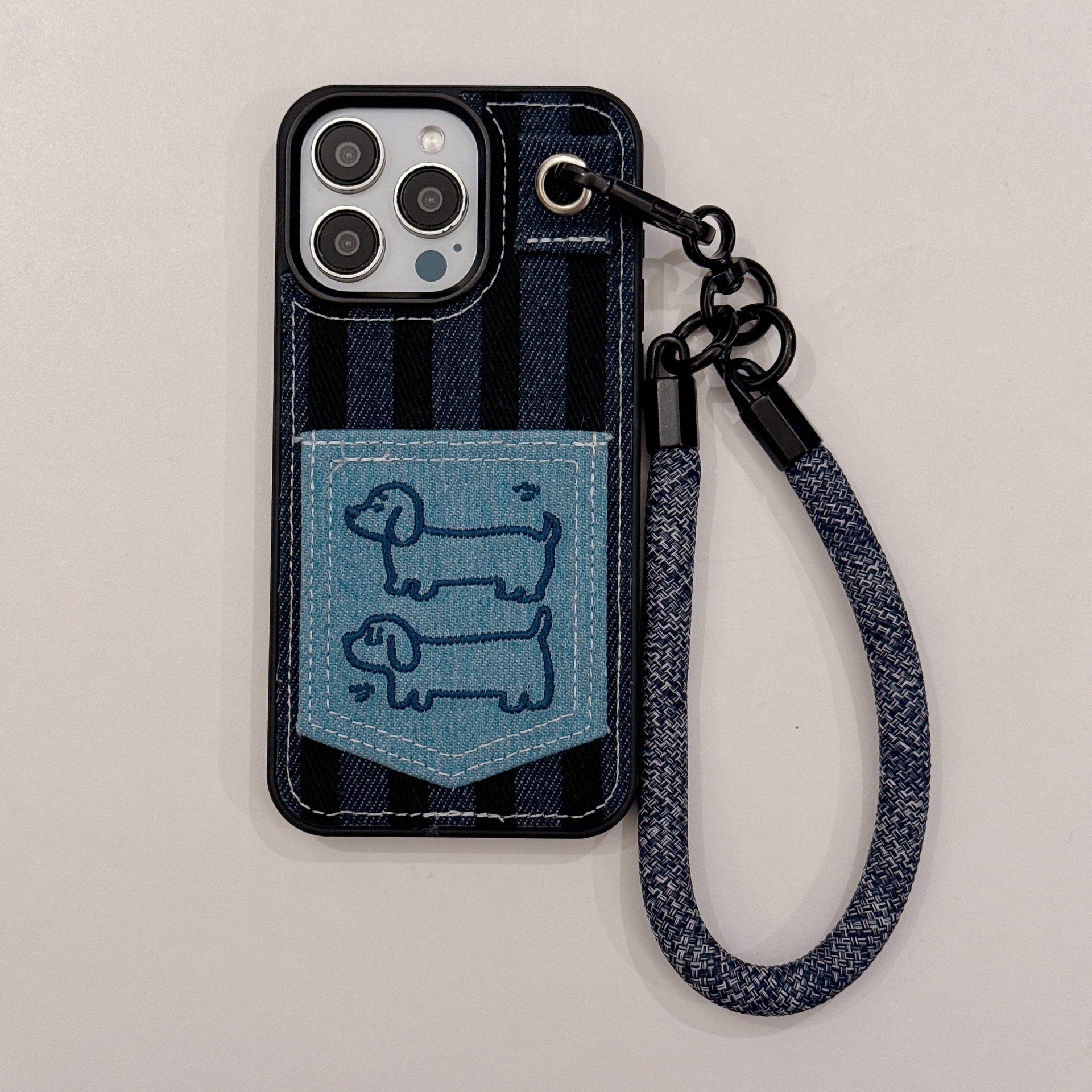 Estilo coreano denim azul bordado cachorro para iPhone16 Apple 15ProMax funda para teléfono móvil 16pro femenino 13/14