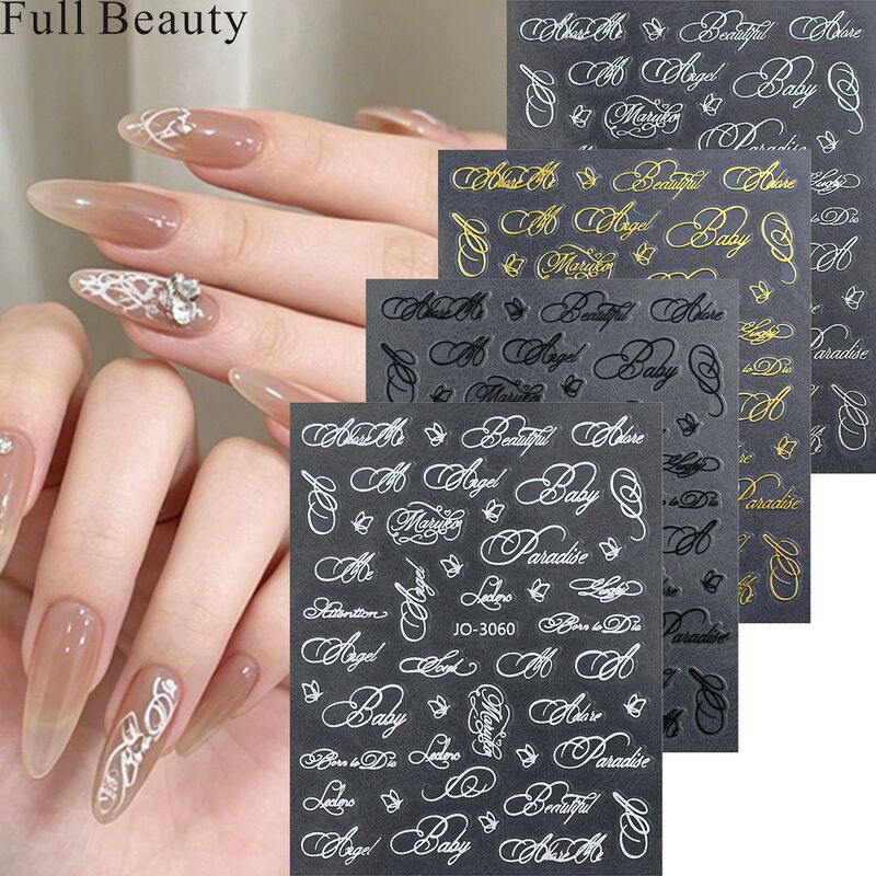 Full Beauty Cross-Border New Nail Art Stickers Ins Gold and Silver Floral English Artistic Handwritten Letter Stickers