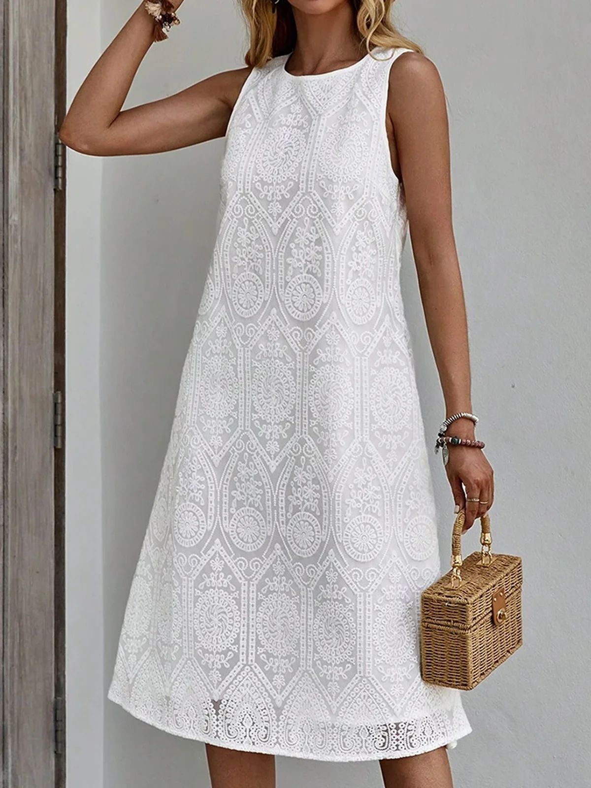 Women's Regular Dress Elegant Round Neck Lace Sleeveless Solid Color Midi Dress Holiday Beach Date display picture 4