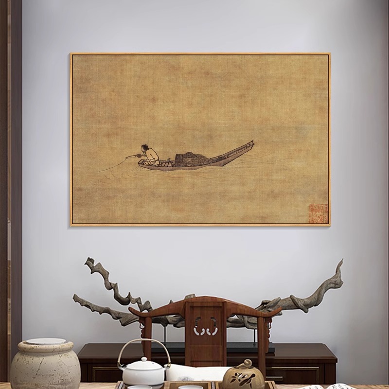 寒江独钓图挂画新中式客厅装饰画复古国画禅意茶室玄关画书房壁画|undefined