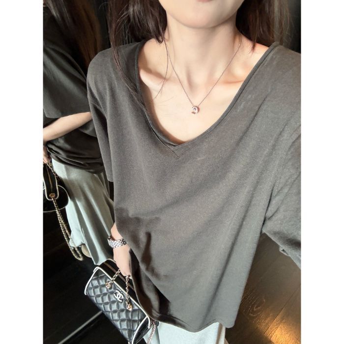 superniniyy ミント & リラックス スノーフレーク テクスチャー カール V ネック半袖ルーズ レイジー T シャツ トップス 女性用|undefined