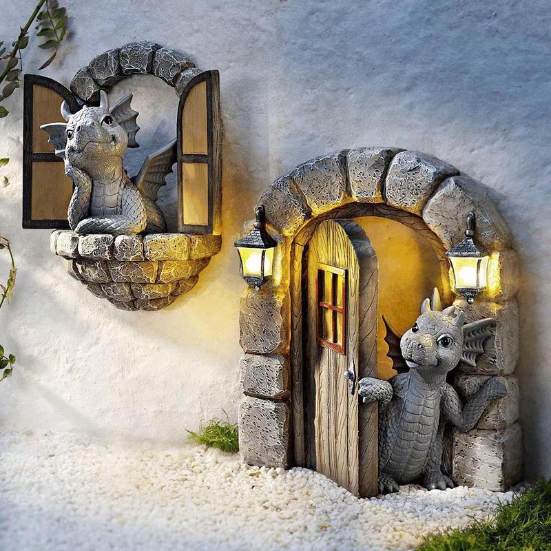 Cross-border New Products Dinosaur Climbing Window Garden Ornaments Resin Crafts Reading Open Door Ornaments Dwarf Statue Decoration