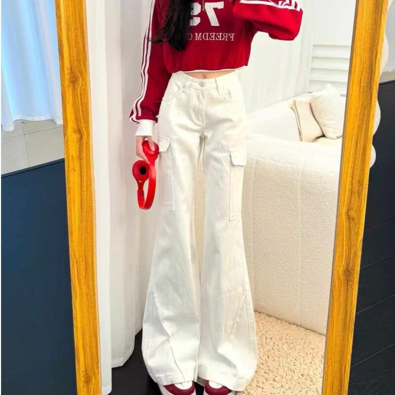 Off-White High-Waisted Wide-Leg Cargo Pants for Women 2025 Spring New American High Street Low-Waist Hot Girl Bootcut Jeans
