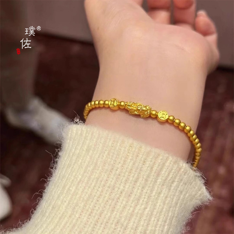 璞佐金店同款沙金貔貅錢幣轉運珠手鍊女經典文藝復古招財設計手飾