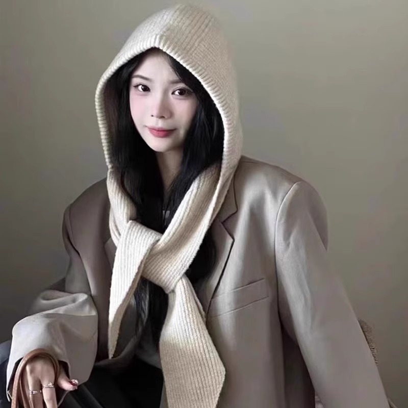 韩国秋冬新款针织帽子女围脖一体两用外搭巴拉克拉法帽护颈披肩帽|undefined
