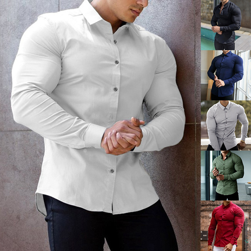 肌肉健身兄弟男士商务衬衫免烫职业工作夏季抗皱白衬衫男长袖衬衣