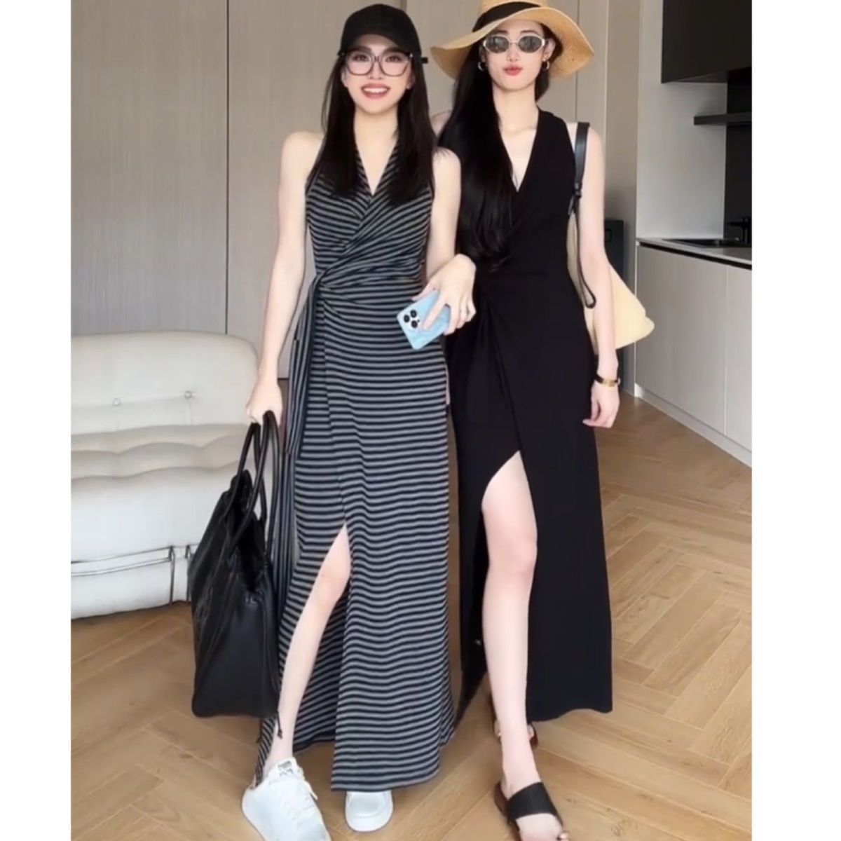 性感露腿开叉绑带收腰条纹连衣裙女纯欲夏季修身显瘦v领背心长裙