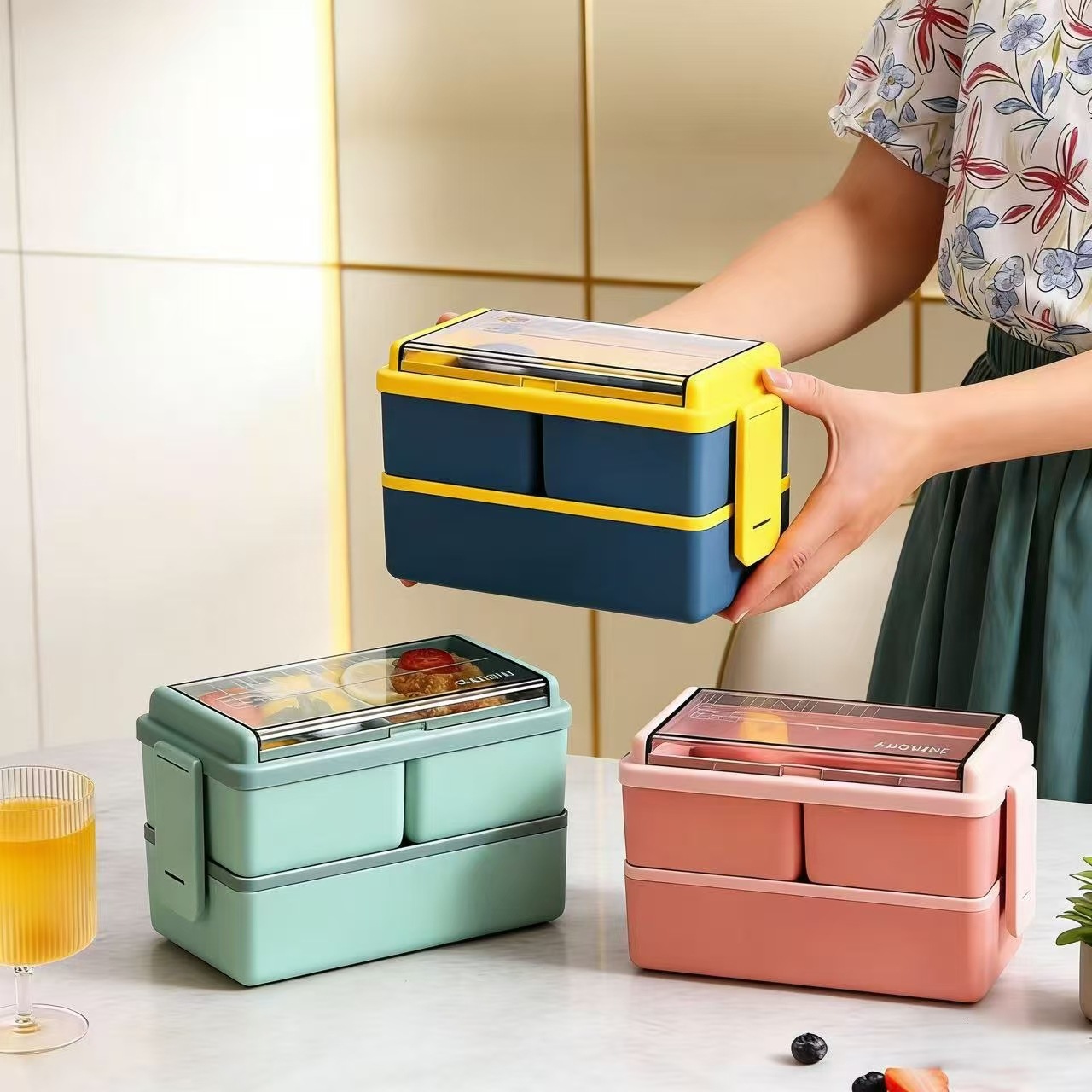 Caja de almuerzo cuadrada de gran capacidad de cubiertos de almuerzo para adultos caja de almacenamiento de microondas personalizada transfronteriza