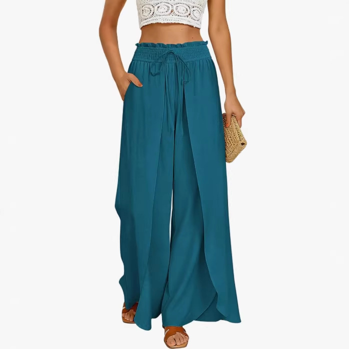 2026 Cross-Border European and American Women's Wide-Leg Pants, Loose High-Waisted Pants with Split Leg Openings, Fashionable Design, Vacation Beach Pants